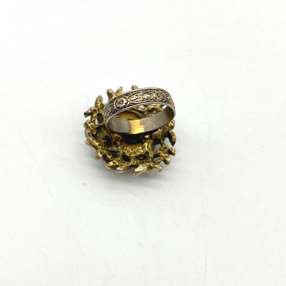 Vintage Petit Point Embroidery Floral Ring Mixed‎ Metal Ornate Adjustable Band